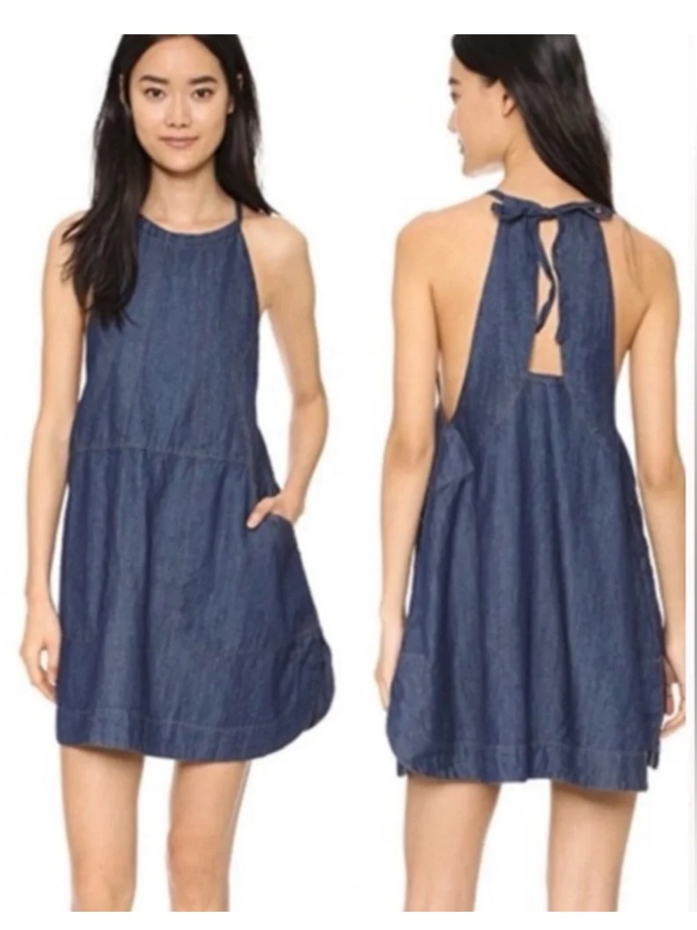 Free People Indigo Denim Halter Tie-Back Mini Dress